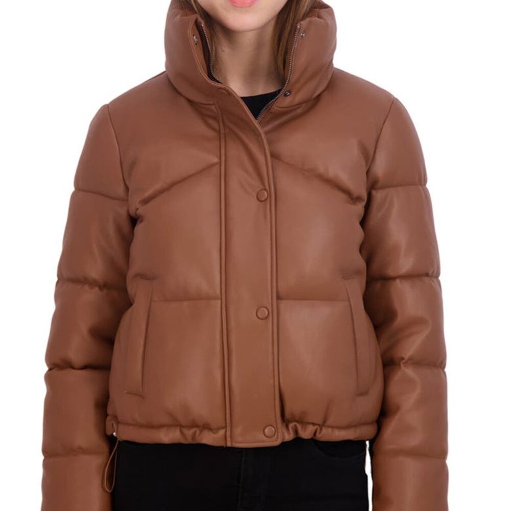 Sebby Collection Faux Leather Puff Bomber Jacket Large Light Chocolate Brown